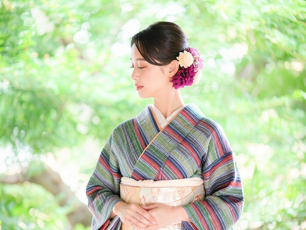 遠州もめん 生地　綿紬 反物　 グレー・シマ柄（女 着物）