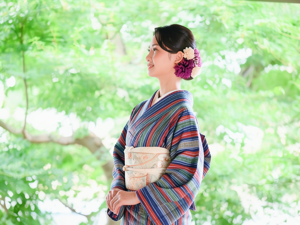 遠州もめん 生地　綿紬 反物　 グレー・シマ柄（女 着物）