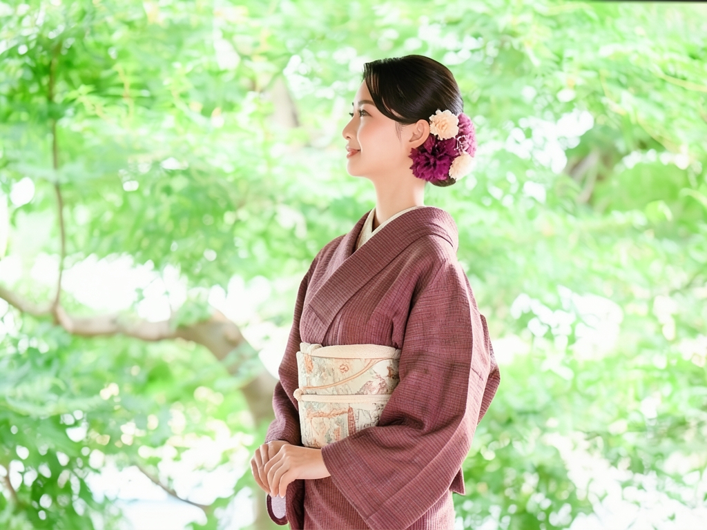 遠州もめん 生地　綿紬 反物　 エンジ色・シマ柄（女 着物）