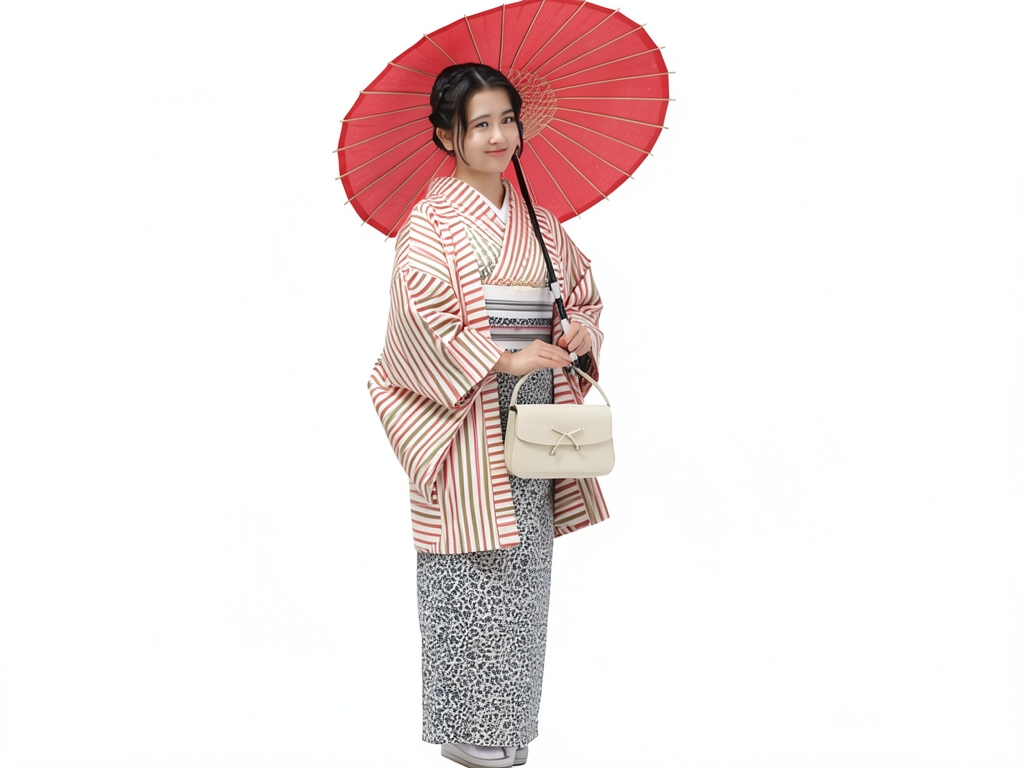 遠州もめん 生地　綿紬 反物　 シマ柄・ベージュ地（女 羽織）