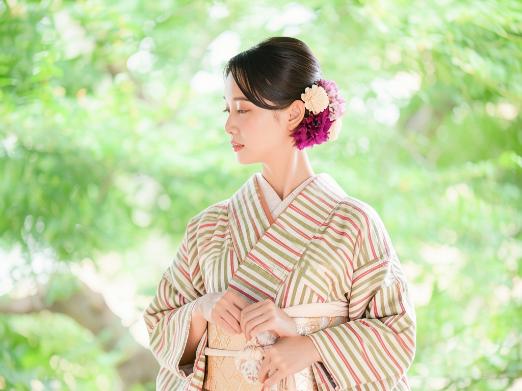 遠州もめん 生地　綿紬 反物　 シマ柄・ベージュ地（女 着物）