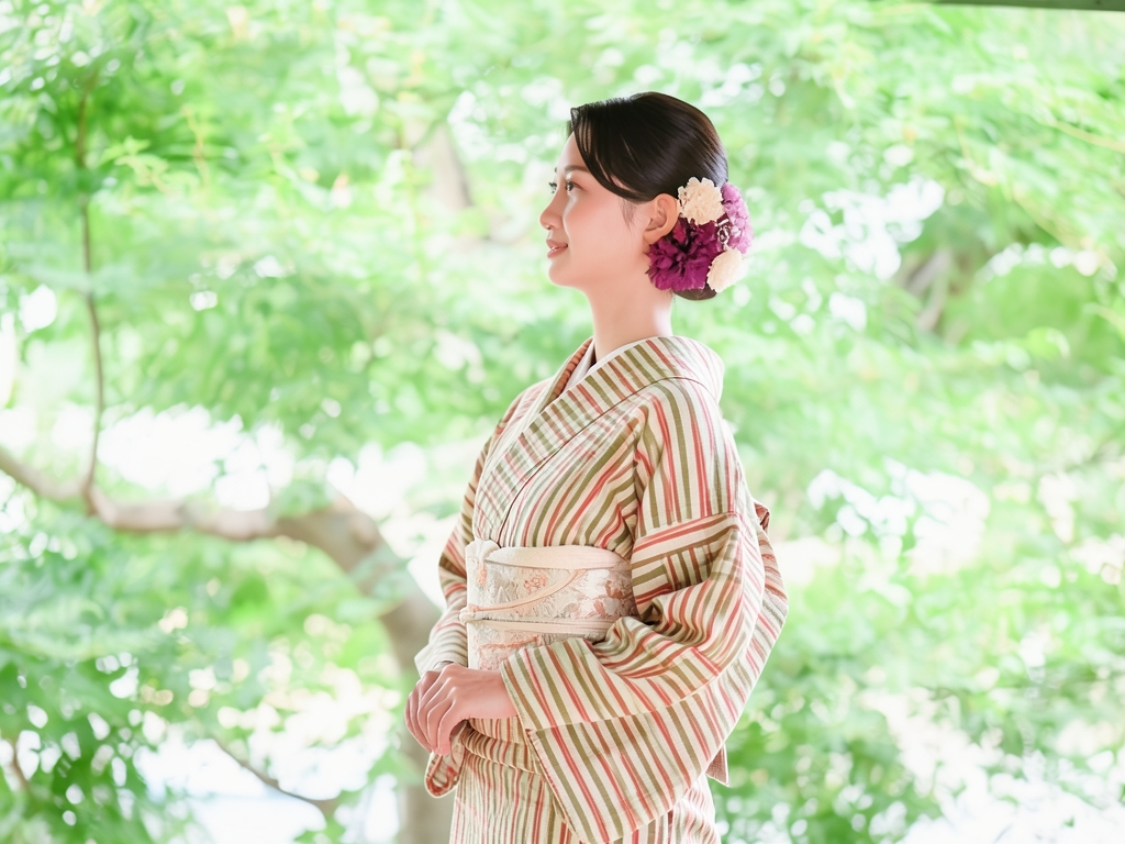 遠州もめん 生地　綿紬 反物　 シマ柄・ベージュ地（女 着物）