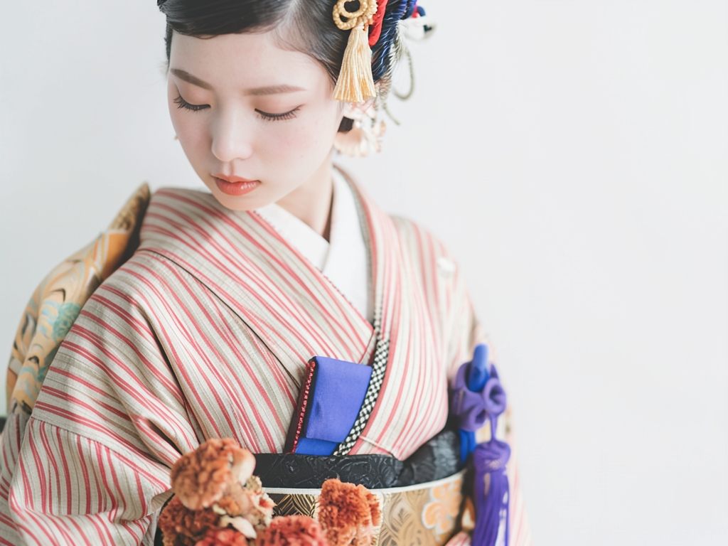 遠州もめん 生地　綿紬 反物　 シマ柄・ベージュ地（女 着物）
