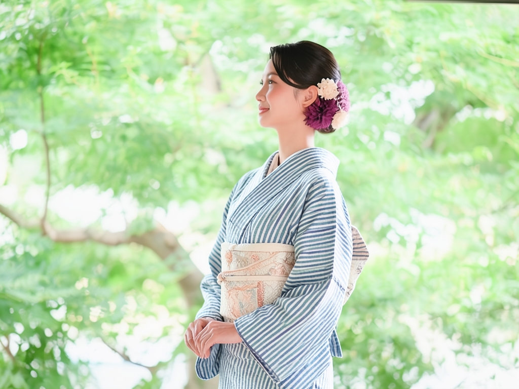 遠州もめん 生地　綿紬 反物　 グレー・グリーン地・シマ柄（女 着物）
