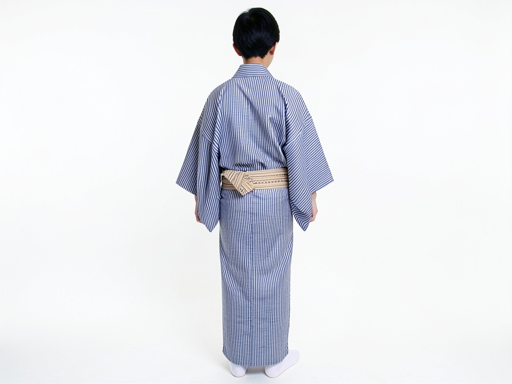 遠州もめん 生地　綿紬 反物　 グレー・グリーン地・シマ柄（男 着物）