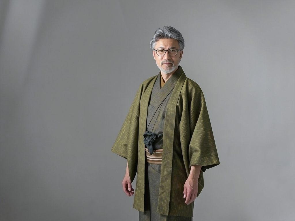 綿紬　きもの 生地　巾40m　綿 着物 反物　クインサイズ ウグイス茶地・（男 羽織）