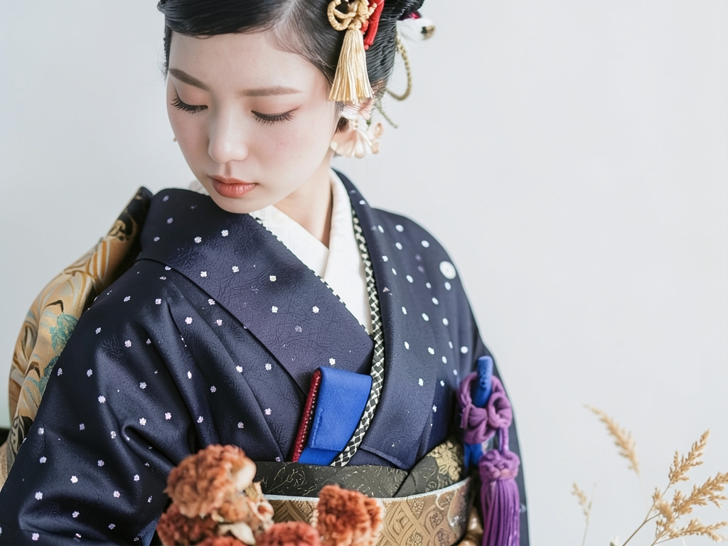綿きもの生地 未仕立て品　久留米絣 反物・　 ドット柄・黒地（女 着物）