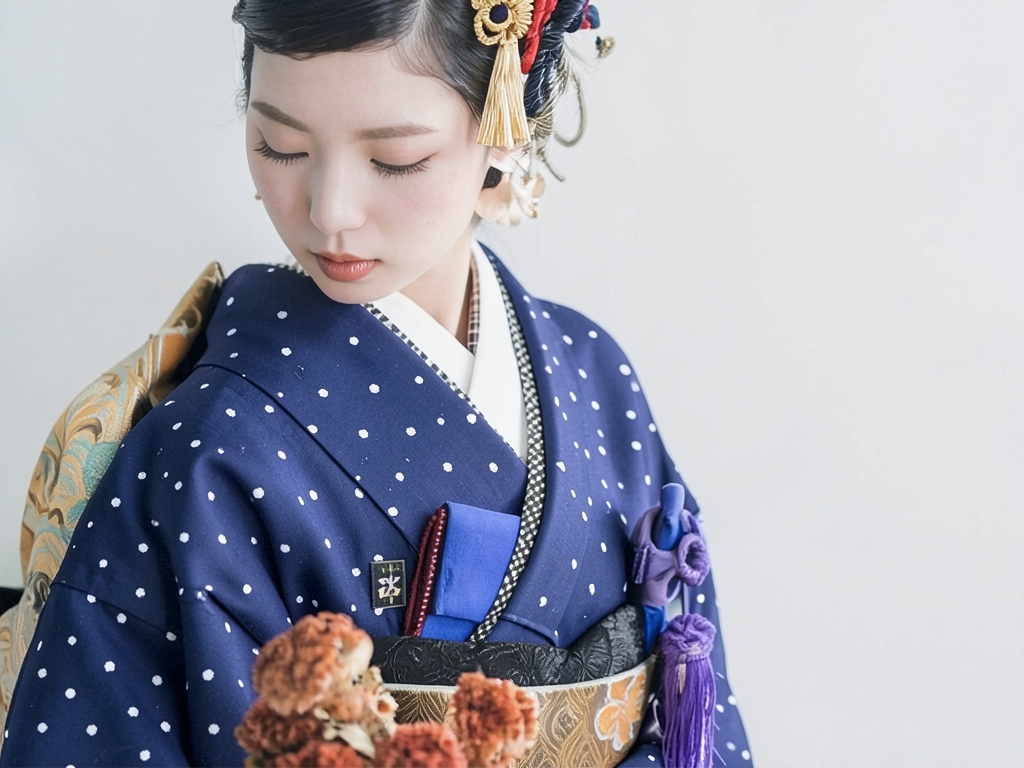 綿きもの生地 未仕立て品　久留米絣 反物・　 ドット柄・黒地（旧 3）