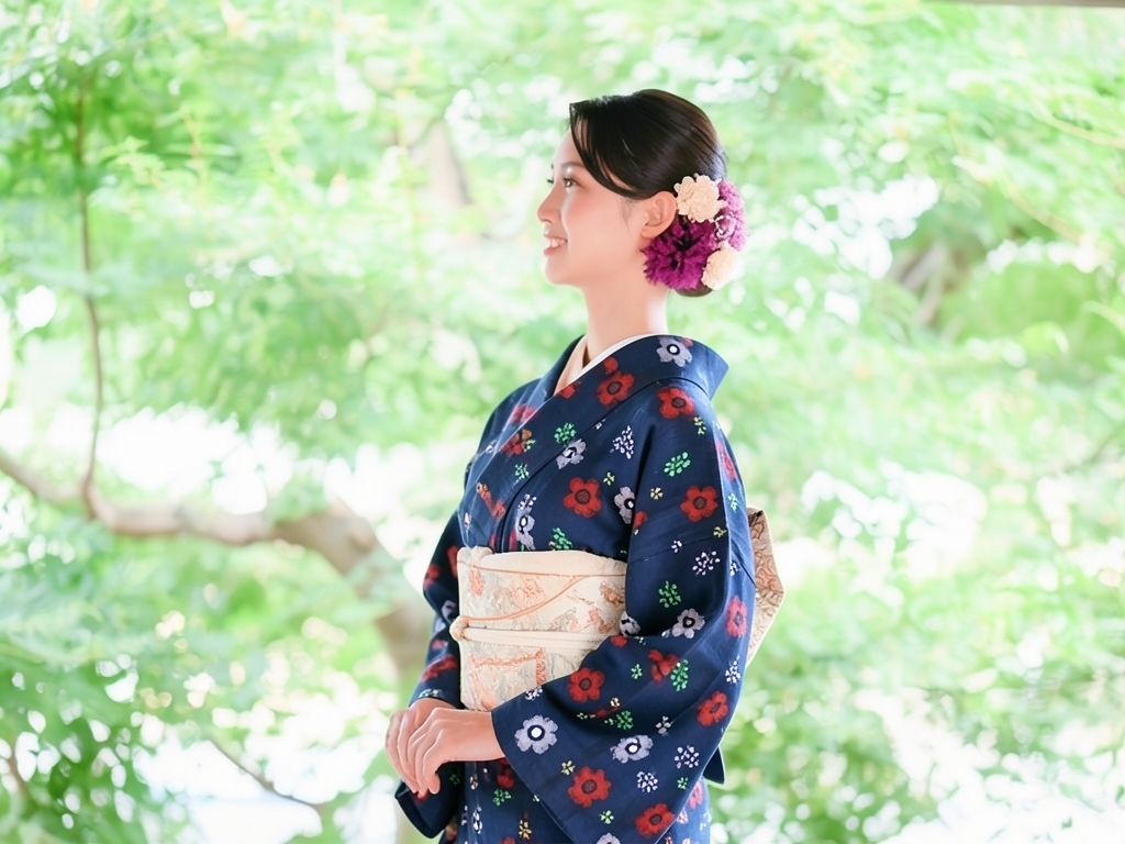 久留米かすり・きもの 生地　久留米絣 反物　 濃紺地・ウメ柄（女 着物）