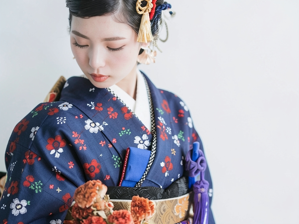 久留米かすり・きもの 生地　久留米絣 反物　 濃紺地・ウメ柄（女 着物）
