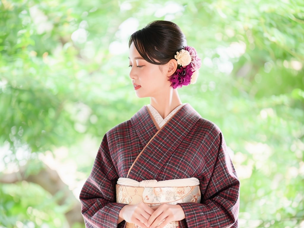 綿反　きもの生地　黄八丈　綿 着物 反物　長さ13.5m　こげ茶地・格子柄・【訳有り】（女 着物）