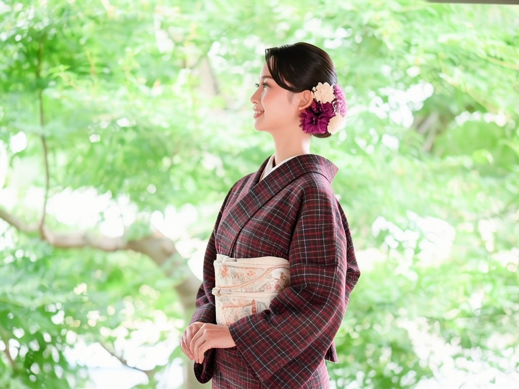 綿反　きもの生地　黄八丈　綿 着物 反物　長さ13.5m　こげ茶地・格子柄・【訳有り】（女 着物）