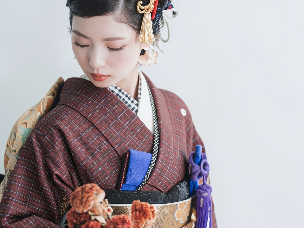 綿反　きもの生地　黄八丈　綿 着物 反物　長さ13.5m　こげ茶地・格子柄・【訳有り】（女 着物）