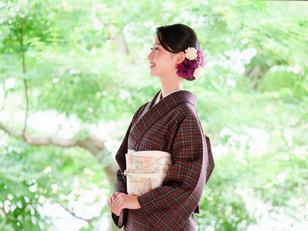 綿反　きもの生地　黄八丈　綿 着物 反物　長さ13.5m　こげ茶地・格子柄・【訳有り】（旧 2）