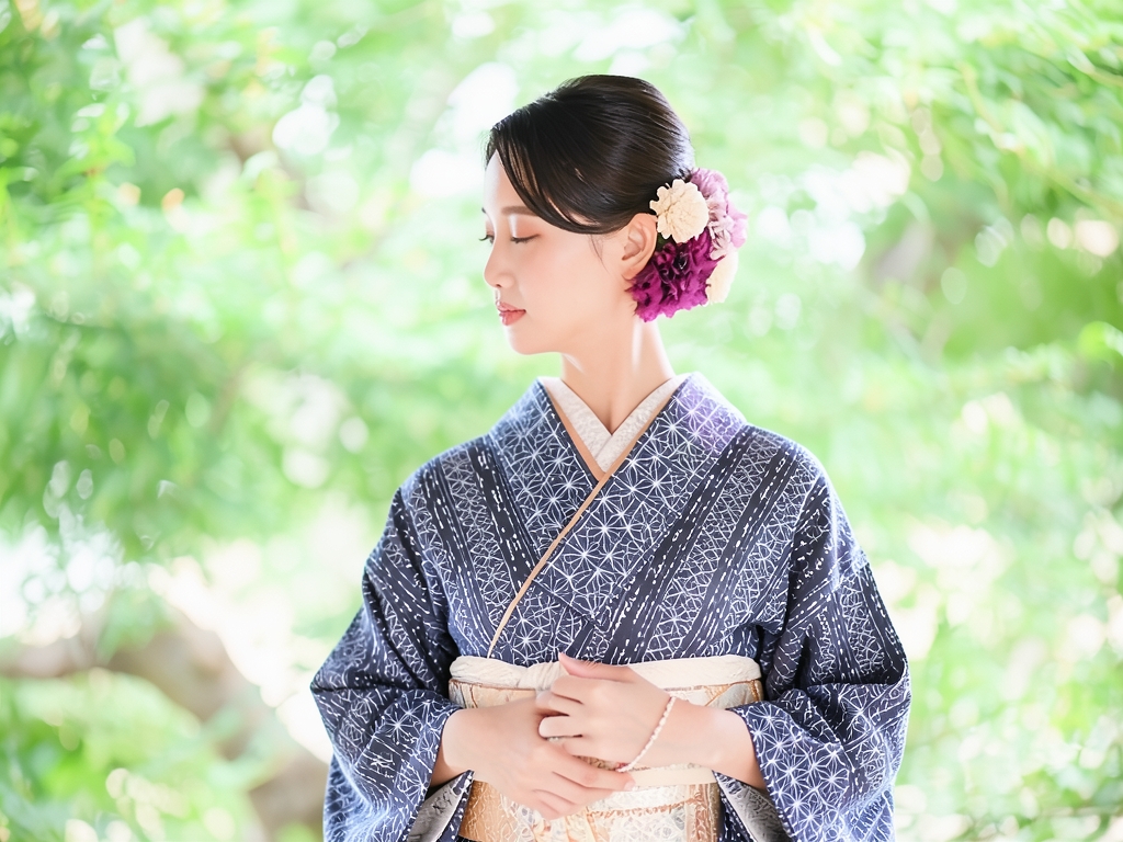綿反物 きもの生地　綿 反物 濃紺地・麻の葉・シマ柄（女 着物）