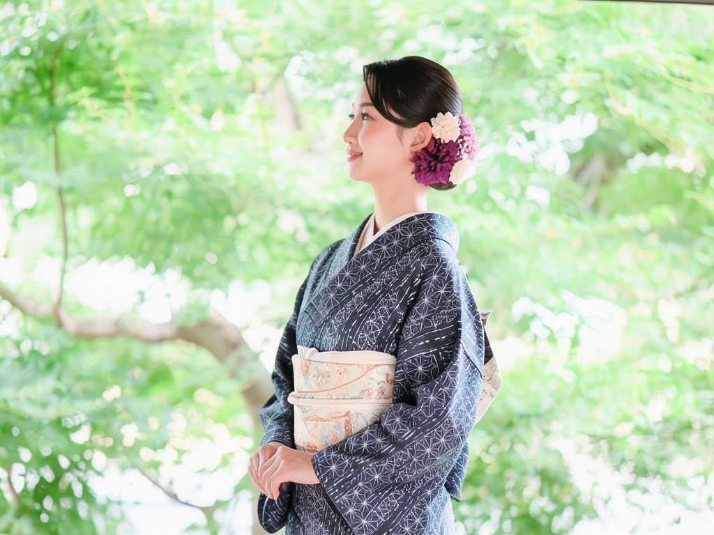 綿反物 きもの生地　綿 反物 濃紺地・麻の葉・シマ柄（女 着物）