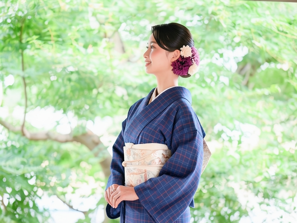 綿反　きもの生地　黄八丈　綿 着物 反物　長さ13.5m　紺地・格子柄・【訳有り】（女 着物）