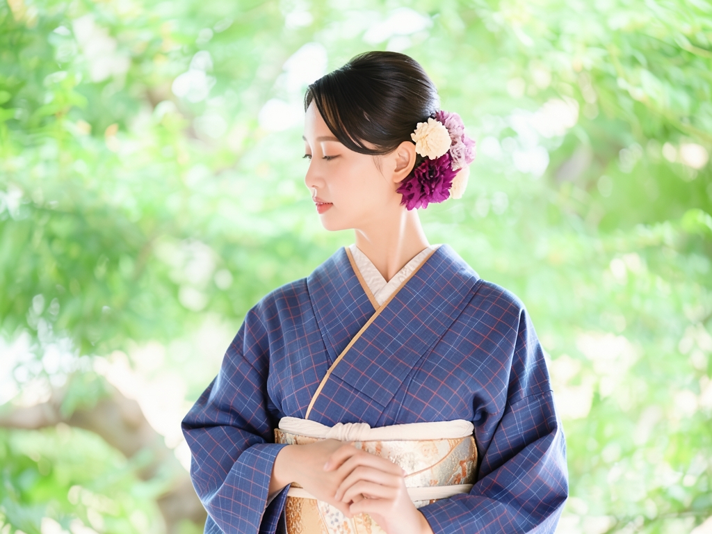 Cotton fabric, kimono fabric, yellow Hachijo, cotton, kimono fabric, length 13.5m, navy, lattice pattern, [translation]