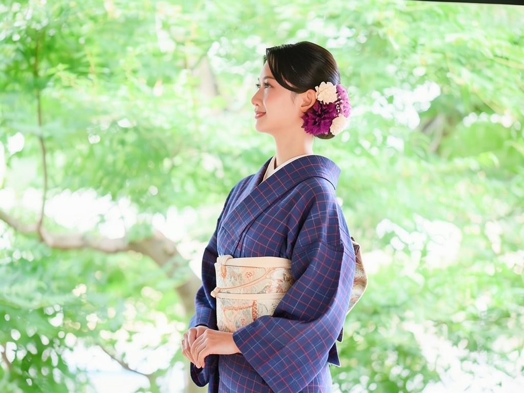 綿反　きもの生地　黄八丈　綿 着物 反物　長さ13.5m　紺地・格子柄・【訳有り】（旧 2）