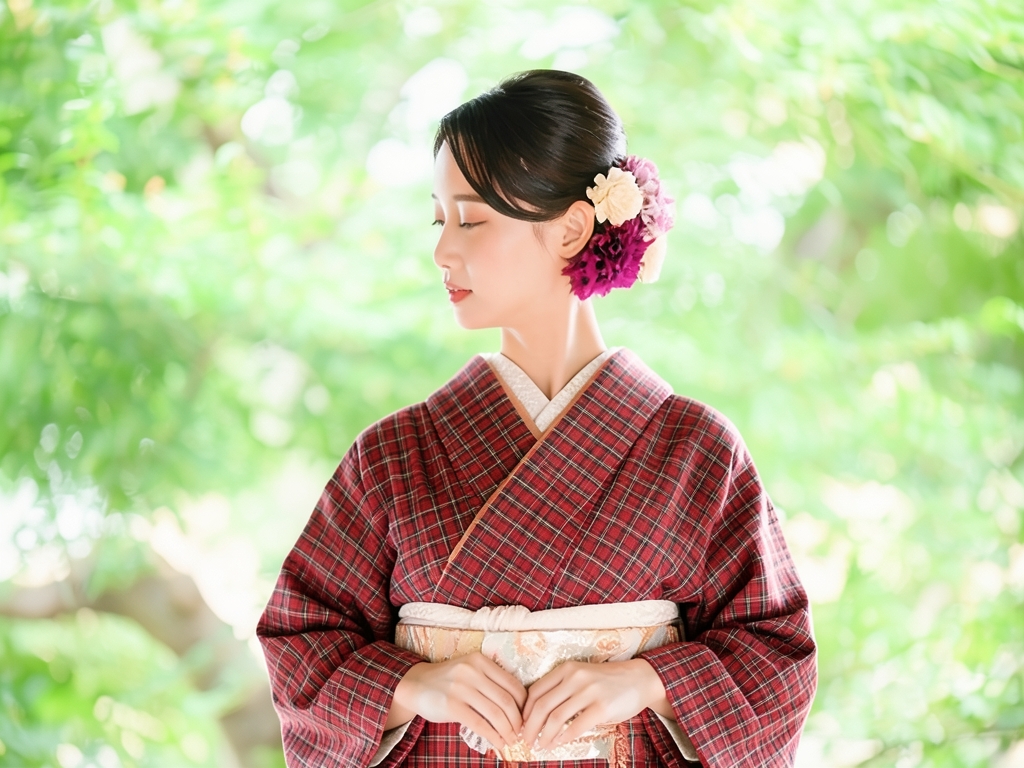 綿反　きもの生地　クインサイズ　綿 着物 反物 長さ13.5m　赤地・格子柄・【訳有り】（女 着物）