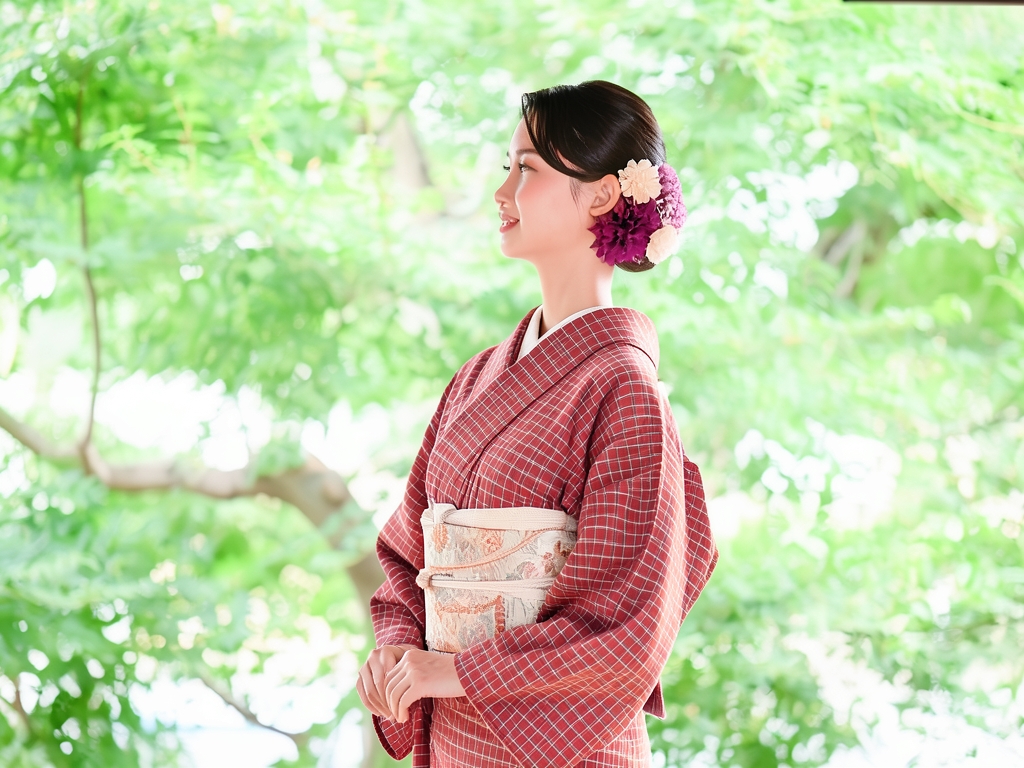 綿反　きもの生地　クインサイズ　綿 着物 反物 長さ13.5m　赤地・格子柄・【訳有り】（女 着物）
