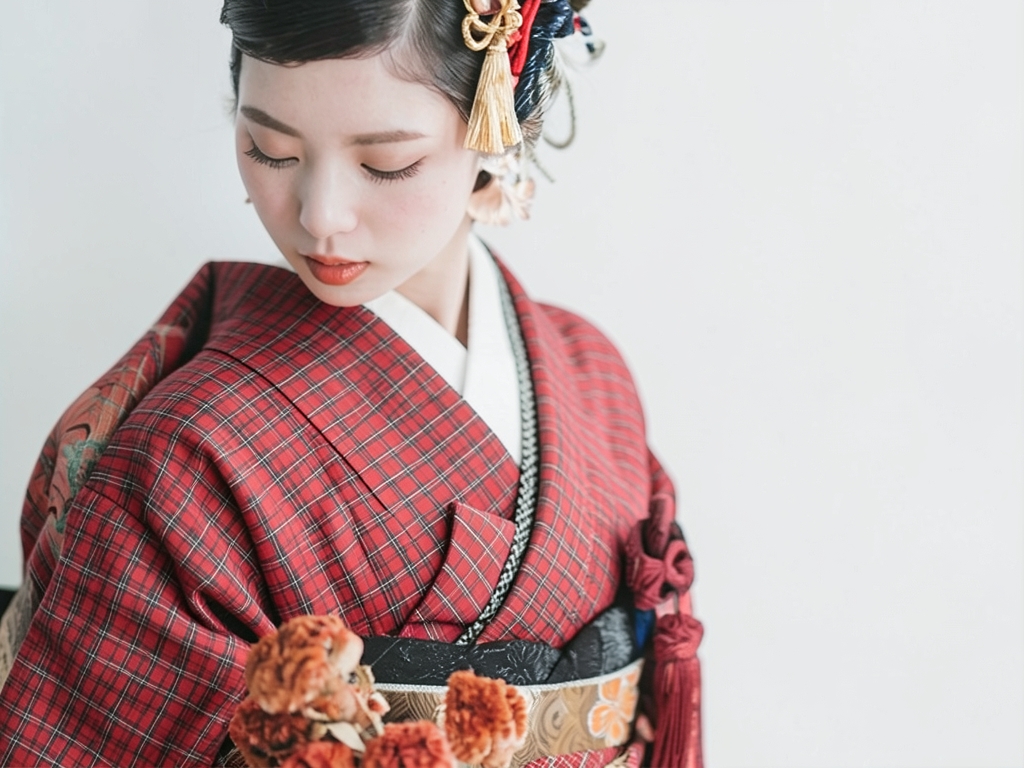 綿反　きもの生地　クインサイズ　綿 着物 反物 長さ13.5m　赤地・格子柄・【訳有り】（女 着物）