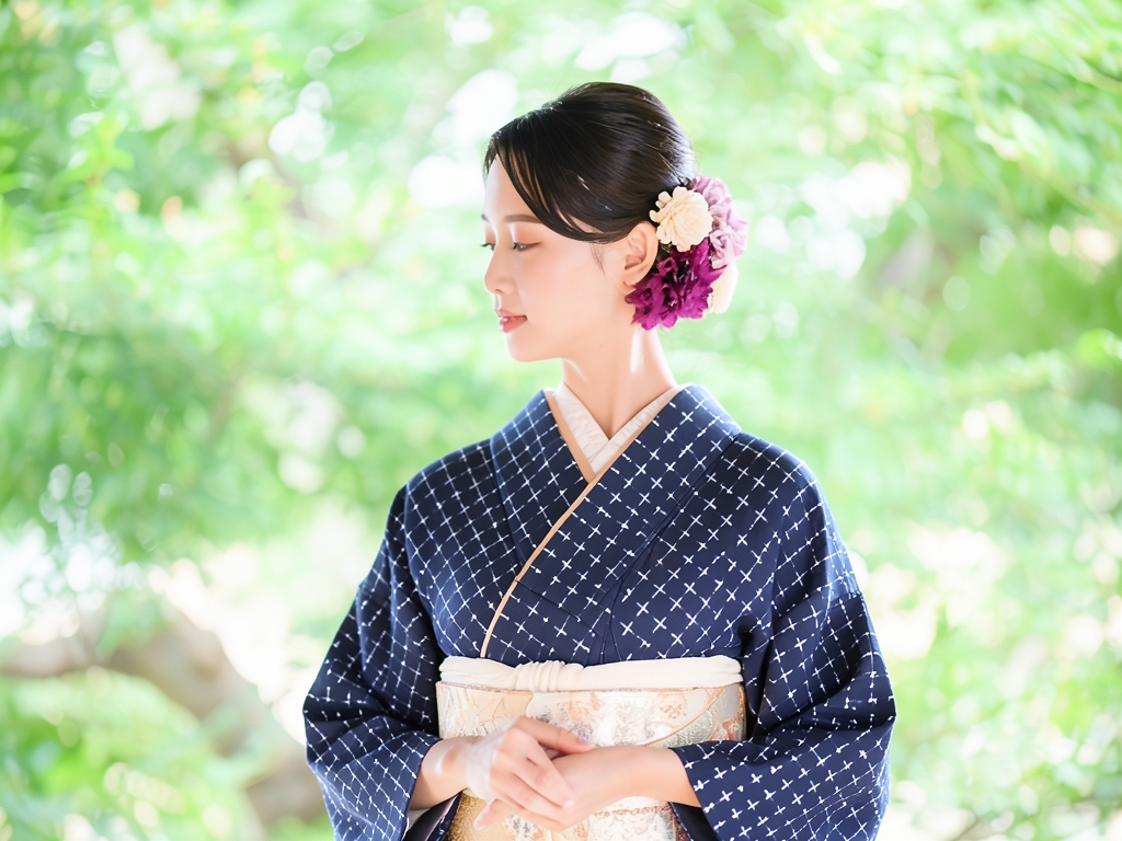 綿100％・きもの生地　久留米絣 反物　 十字絣柄・黒地（女 着物）