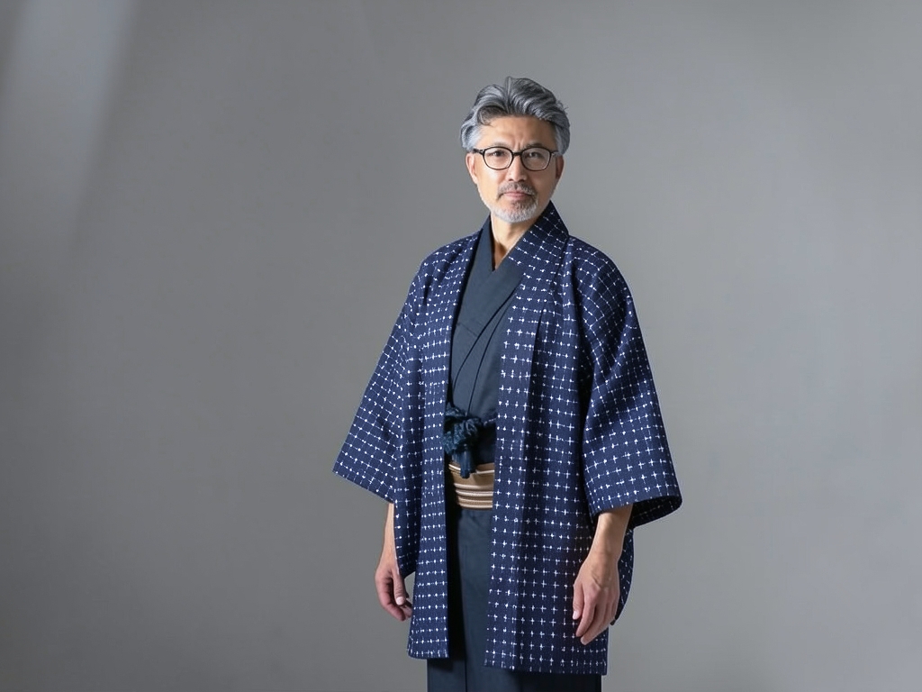 綿100％・きもの生地　久留米絣 反物　 十字絣柄・黒地（男 羽織）