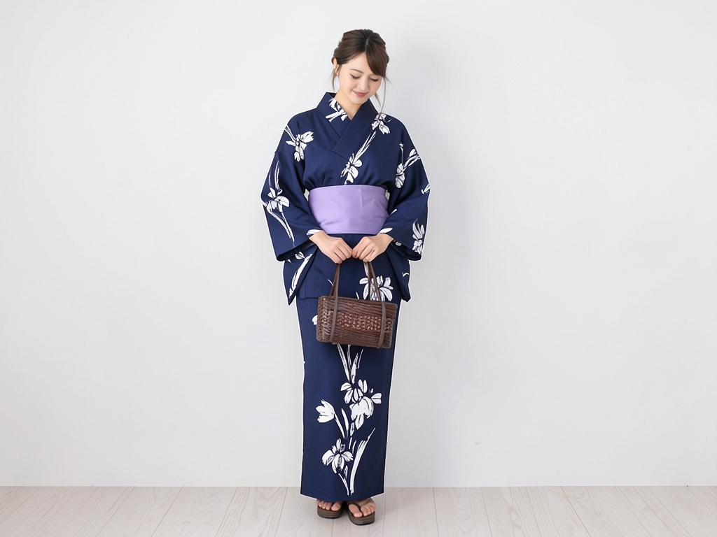 Yukata fabric, both sides dyed, yukata with ears, cloth No.12, dark blue fabric, iris pattern (Female yukata)