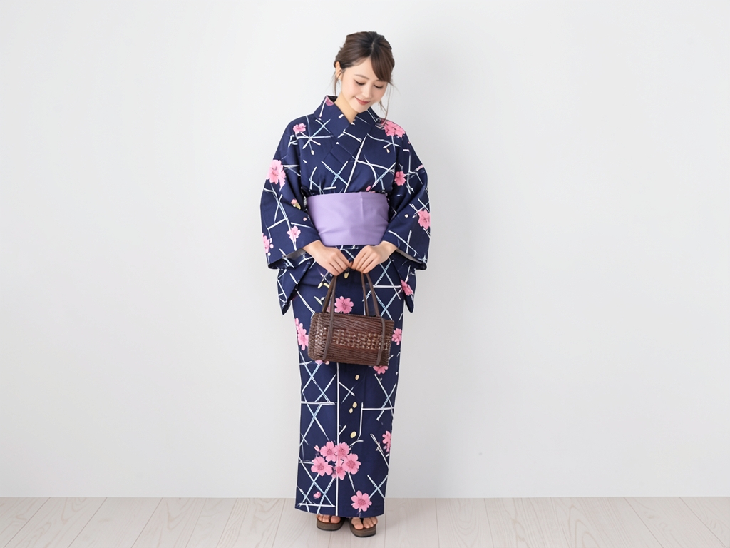 Yukata fabric with ears/double-sided dyed yukata Cloth No.17 Sakura pattern/navy blue (Female yukata)