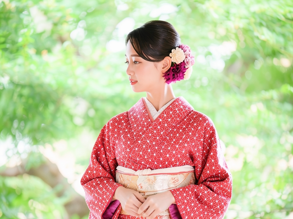綿きもの生地　久留米絣 反物・　 麻の葉柄・赤地（女 着物）