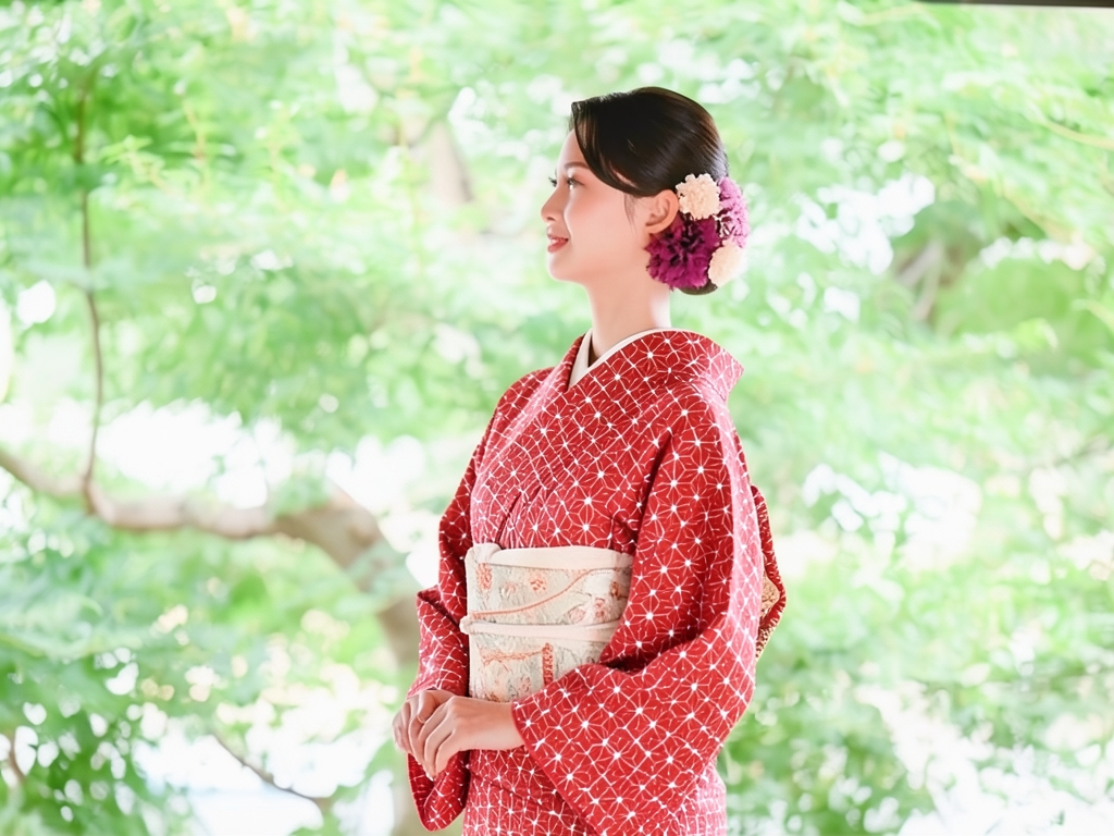 綿きもの生地　久留米絣 反物・　 麻の葉柄・赤地（女 着物）