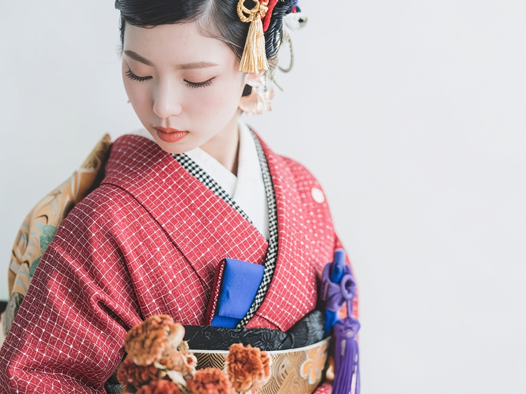 綿きもの生地　久留米絣 反物・　 麻の葉柄・赤地（女 着物）