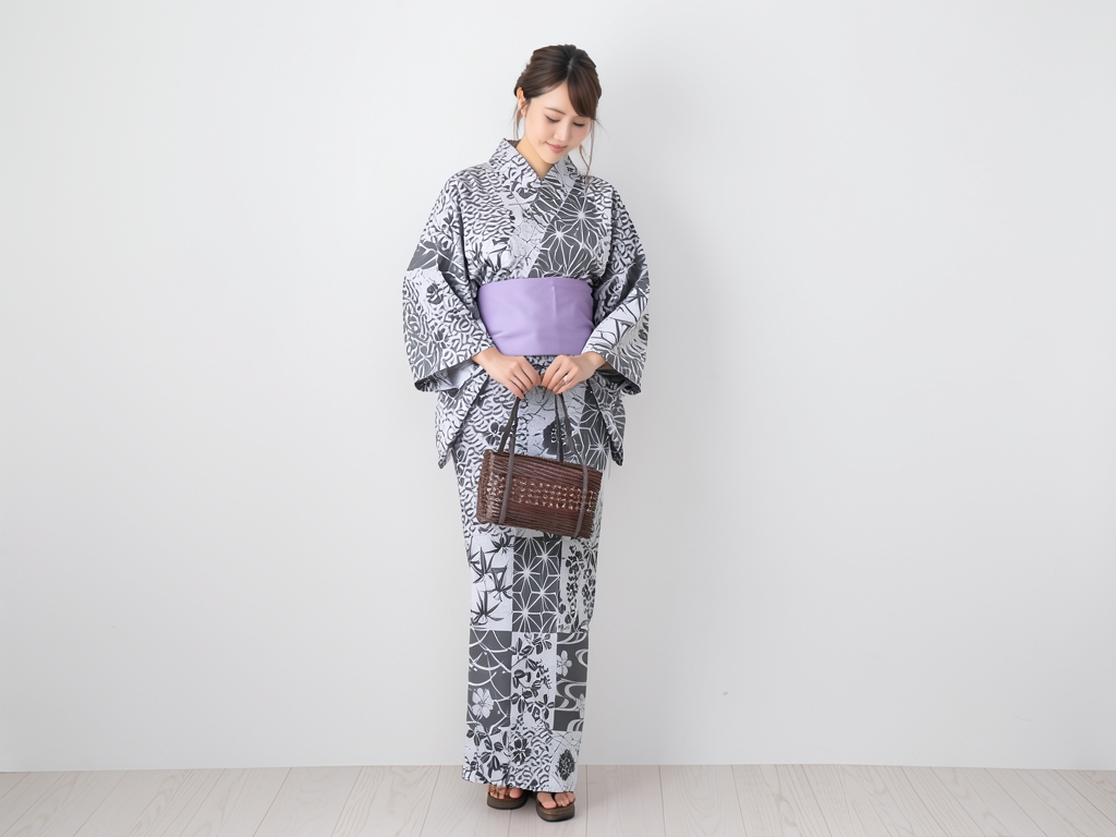 Yukata fabric, cotton pongee, queen size, yukata, cloth, with ears No.20, gray fabric, checkered pa…