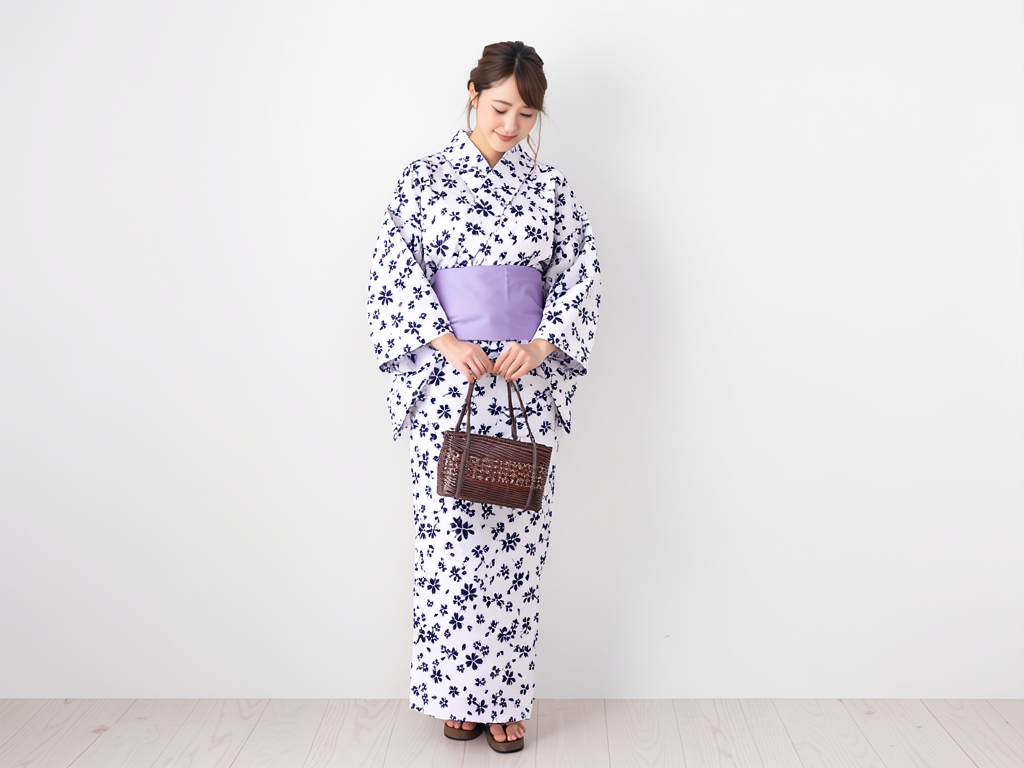 Yukata fabric, yukata, cloth, with ears, white background, cherry blossom pattern, No.21