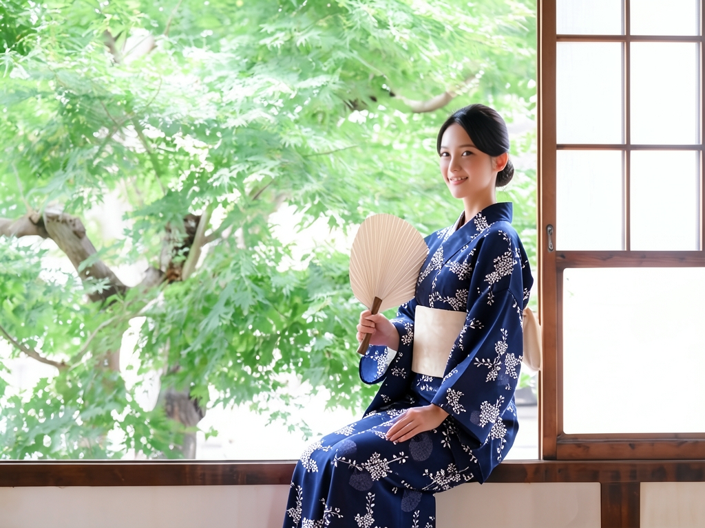 ゆかた 生地 耳有り 片面染め浴衣 反物 レディース No.23 濃紺地・花水木柄（女 浴衣）