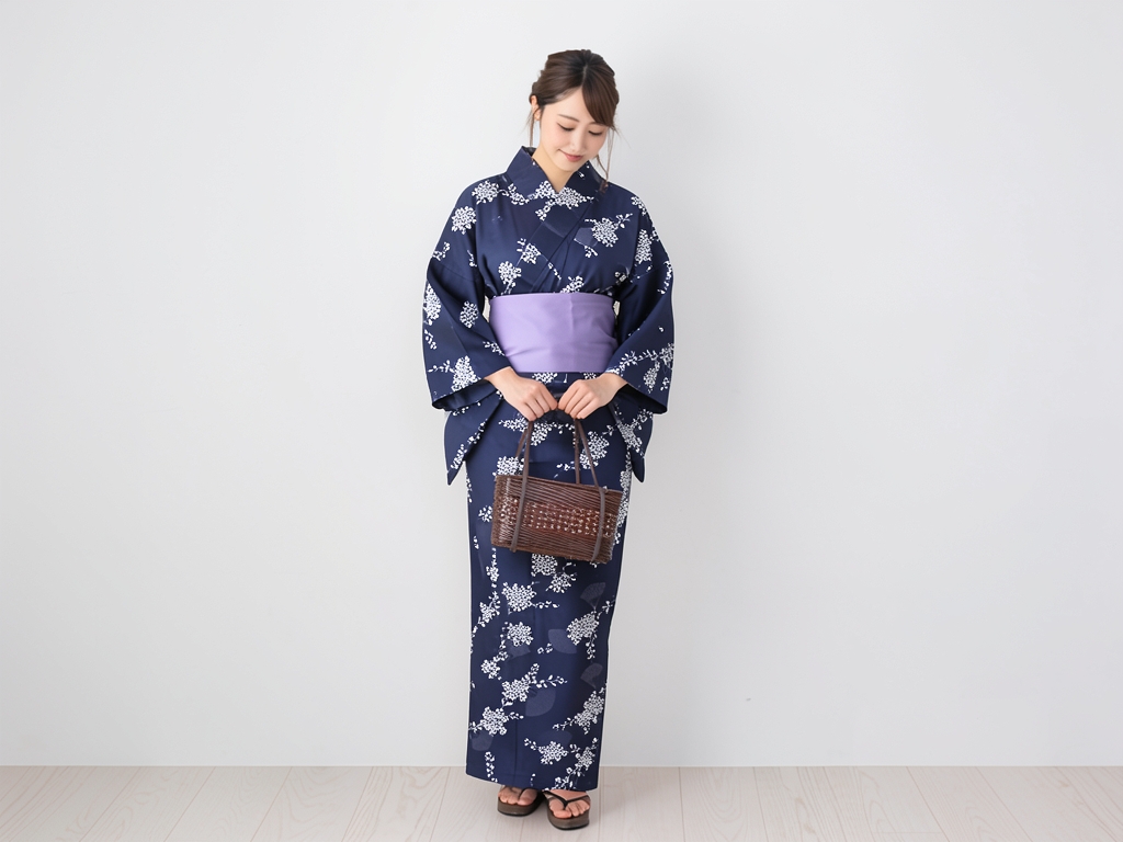 ゆかた 生地 耳有り 片面染め浴衣 反物 レディース No.23 濃紺地・花水木柄（女 浴衣）