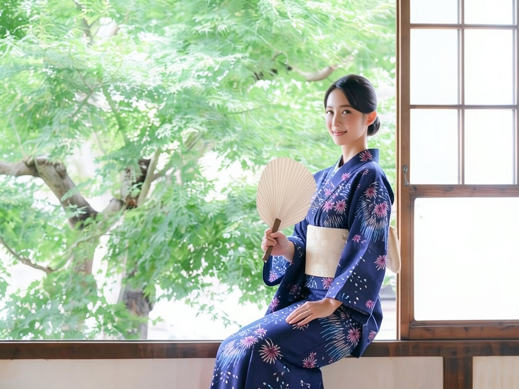 ゆかた 生地 耳あり・両面染め 浴衣 反物 No.25 花火柄・濃紺地（女 浴衣）