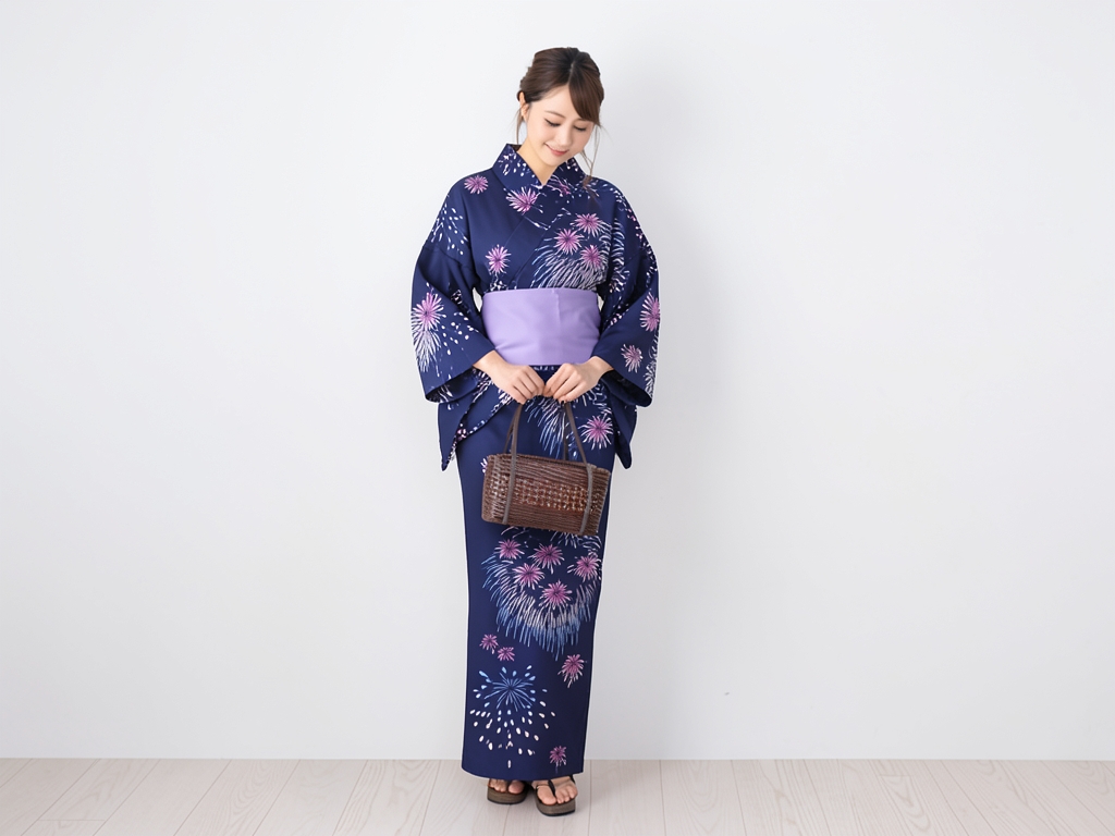 ゆかた 生地 耳あり・両面染め 浴衣 反物 No.25 花火柄・濃紺地（女 浴衣）