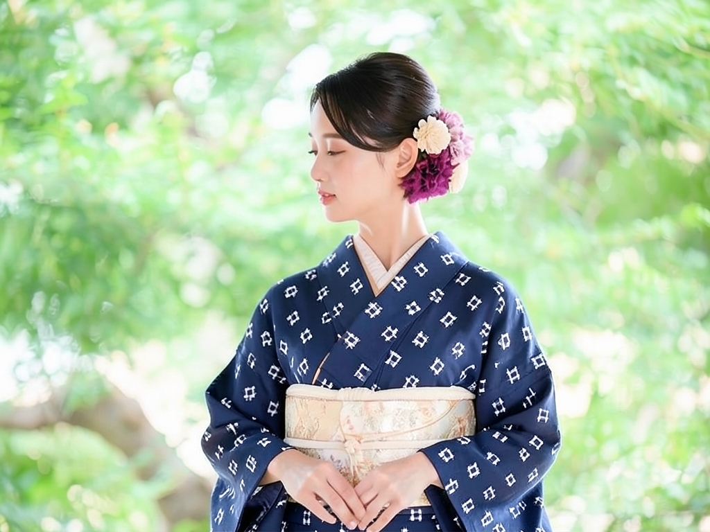 綿100％・きもの生地　久留米かすり 反物　 井桁柄・濃紺地・（女 着物）
