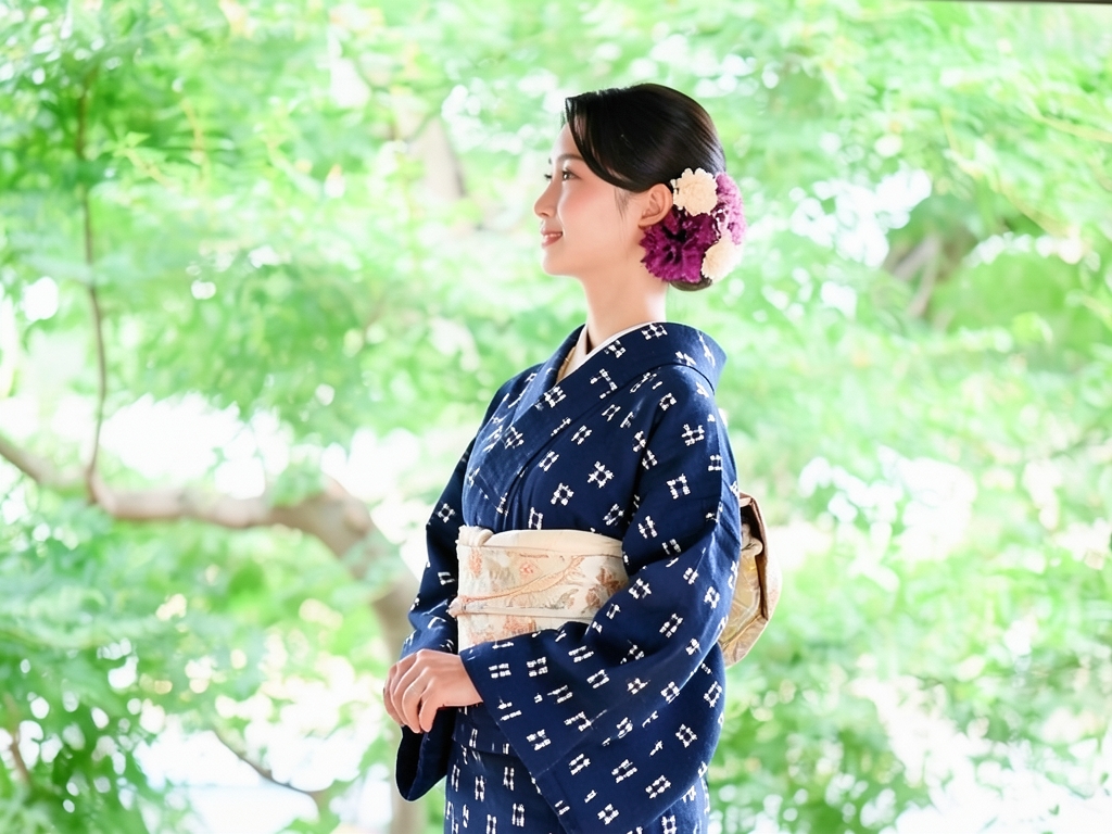 綿100％・きもの生地　久留米かすり 反物　 井桁柄・濃紺地・（女 着物）