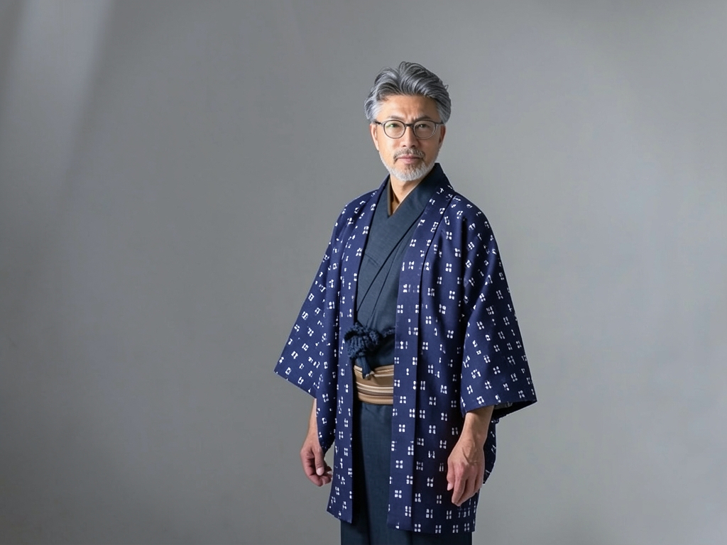 綿100％・きもの生地　久留米かすり 反物　 井桁柄・濃紺地・（男 羽織）