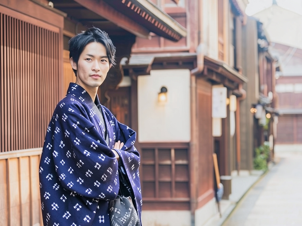綿100％・きもの生地　久留米かすり 反物　 井桁柄・濃紺地・（男 羽織）